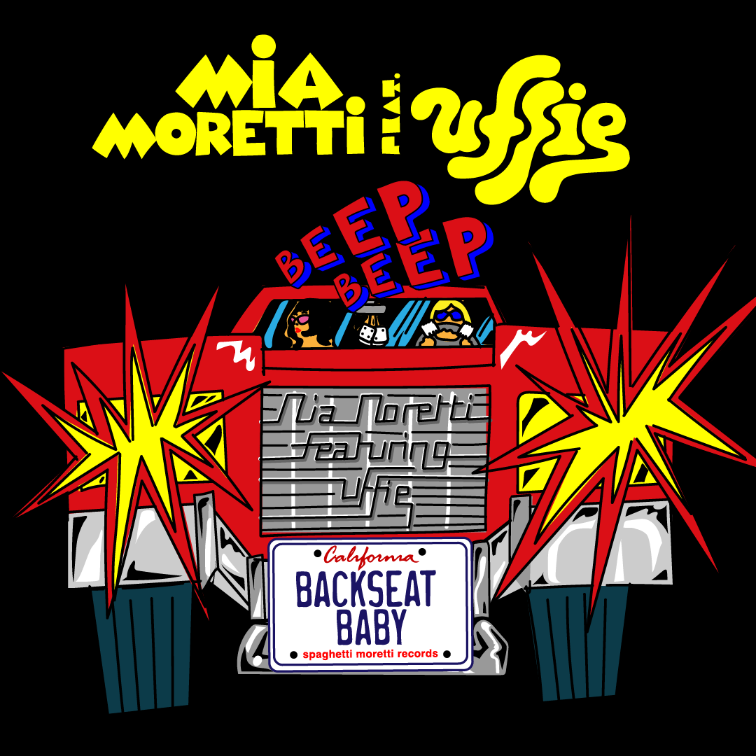 Cover art for Backseat Baby by Mia Moretti featuring Uffie, a cartoon red car with a California BACKSEAT BABY license plate