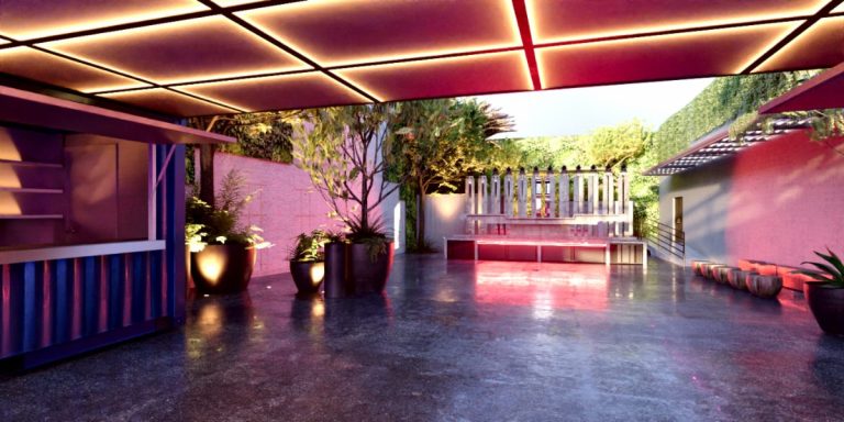 Rendering of the outdoor patio and open-air space at ORIGIN Los Angeles