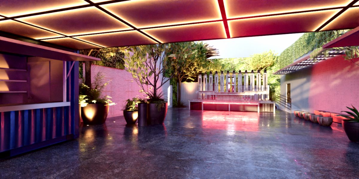 Rendering of the outdoor patio and open-air space at ORIGIN Los Angeles