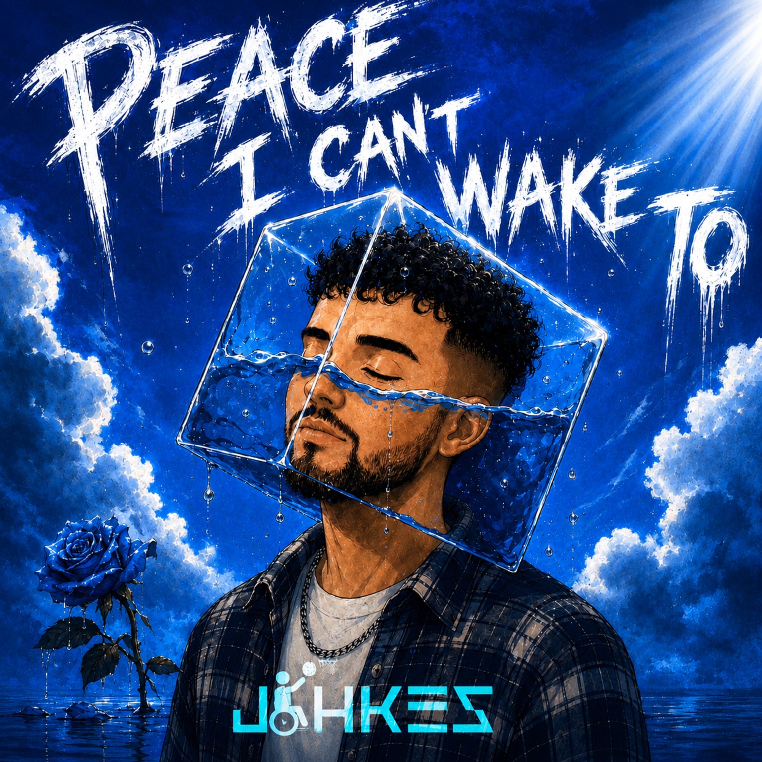 Album cover for Peace I Can’t Wake To by JOHKES: an illustrated portrait of the rapper with eyes closed, his head inside a transparent cube half-filled with water, against a deep blue sky with clouds, a single blue rose, and dripping white title lettering.