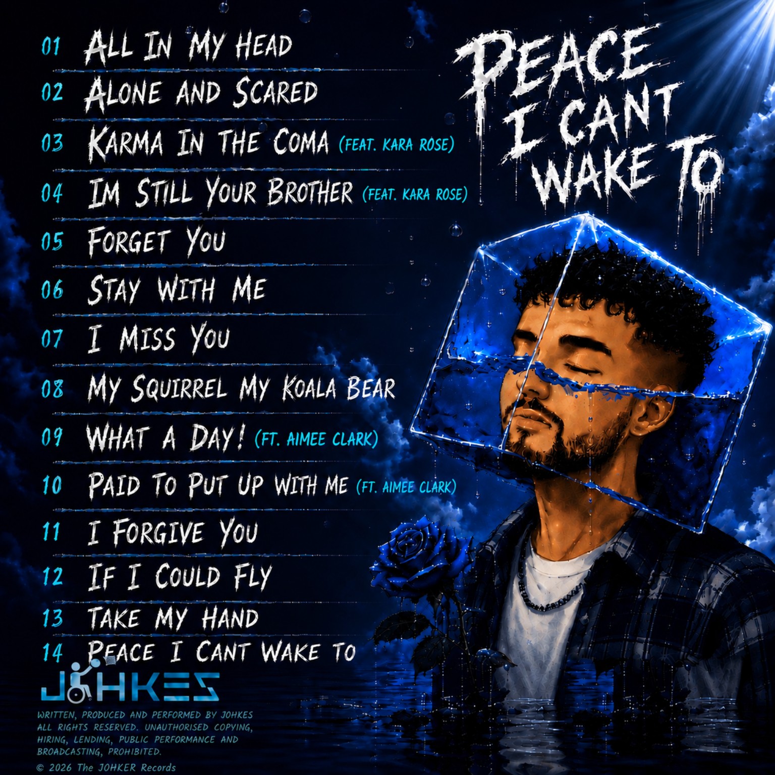 Back-cover tracklist artwork for Peace I Can’t Wake To by JOHKES, listing 14 tracks including Karma In The Coma and I’m Still Your Brother featuring Kara Rose, and What A Day! and Paid To Put Up With Me featuring Aimee Clark.