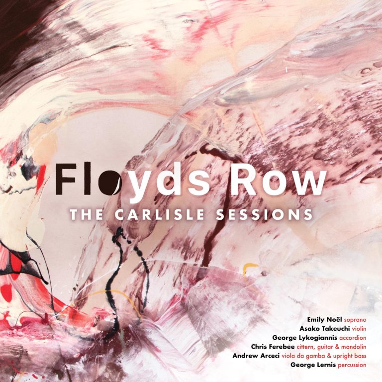 Album cover for The Carlisle Sessions by Floyds Row: abstract marbled painting in blush pink, cream and deep red with the band name and the six players’ names listed.