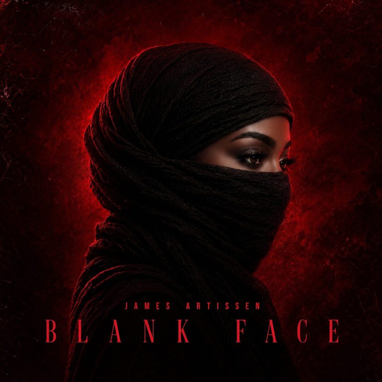 Single cover art for Blank Face by James Artissen: a woman wrapped in a black knit scarf that covers everything but her eyes, lit against a textured blood-red background, with the artist name and title in red serif lettering.