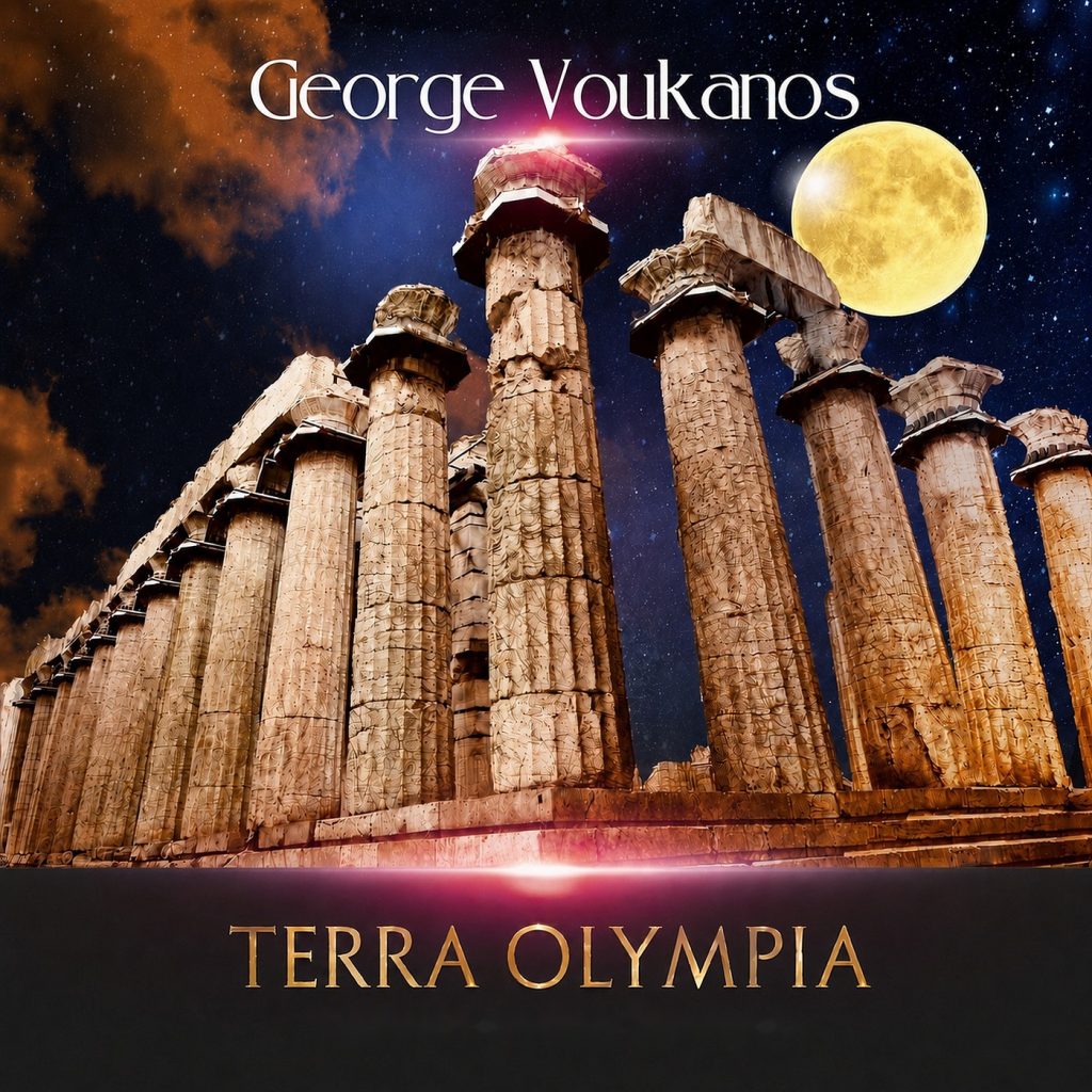 Album cover for Terra Olympia by George Voukanos: a Doric temple colonnade lit under a full moon and a starfield, with the title in gold lettering.