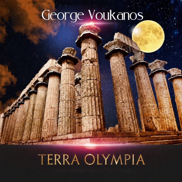 Album cover for Terra Olympia by George Voukanos: a Doric temple colonnade lit under a full moon and a starfield, with the title in gold lettering.