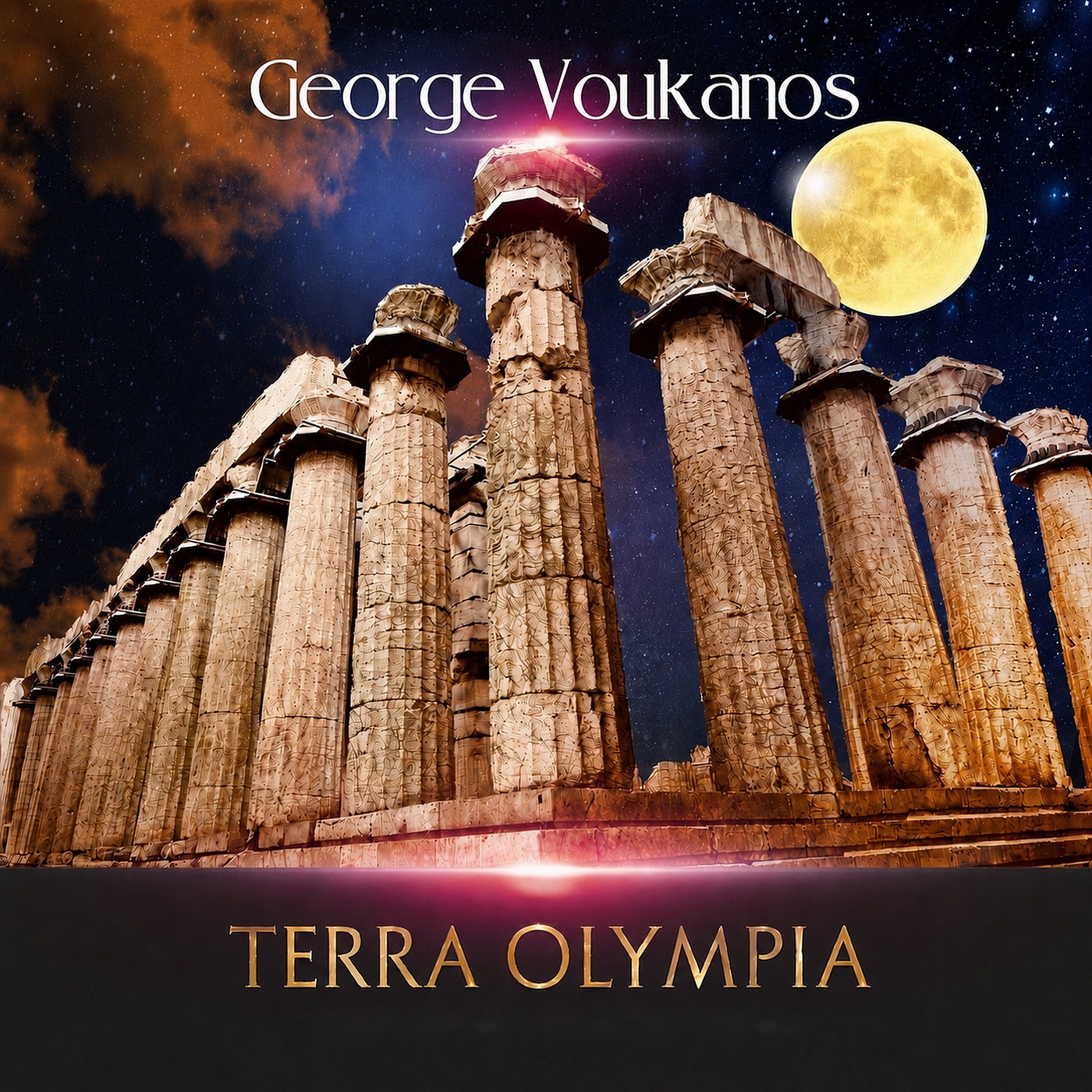 Album cover for Terra Olympia by George Voukanos: a Doric temple colonnade lit under a full moon and a starfield, with the title in gold lettering.