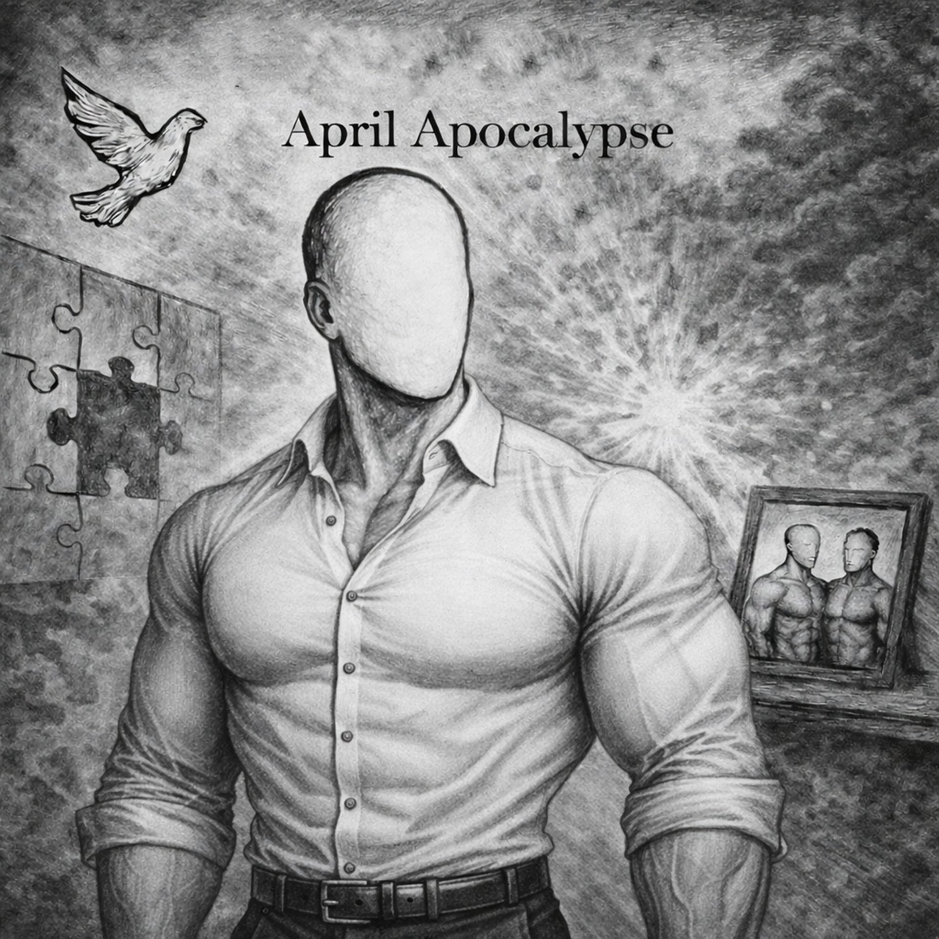 Cover art for Toddy Tang’s single “April Apocalypse,” a pencil-style black-and-white drawing of a faceless figure in a white shirt, with a dove, a missing puzzle piece and a framed picture of two figures behind him.