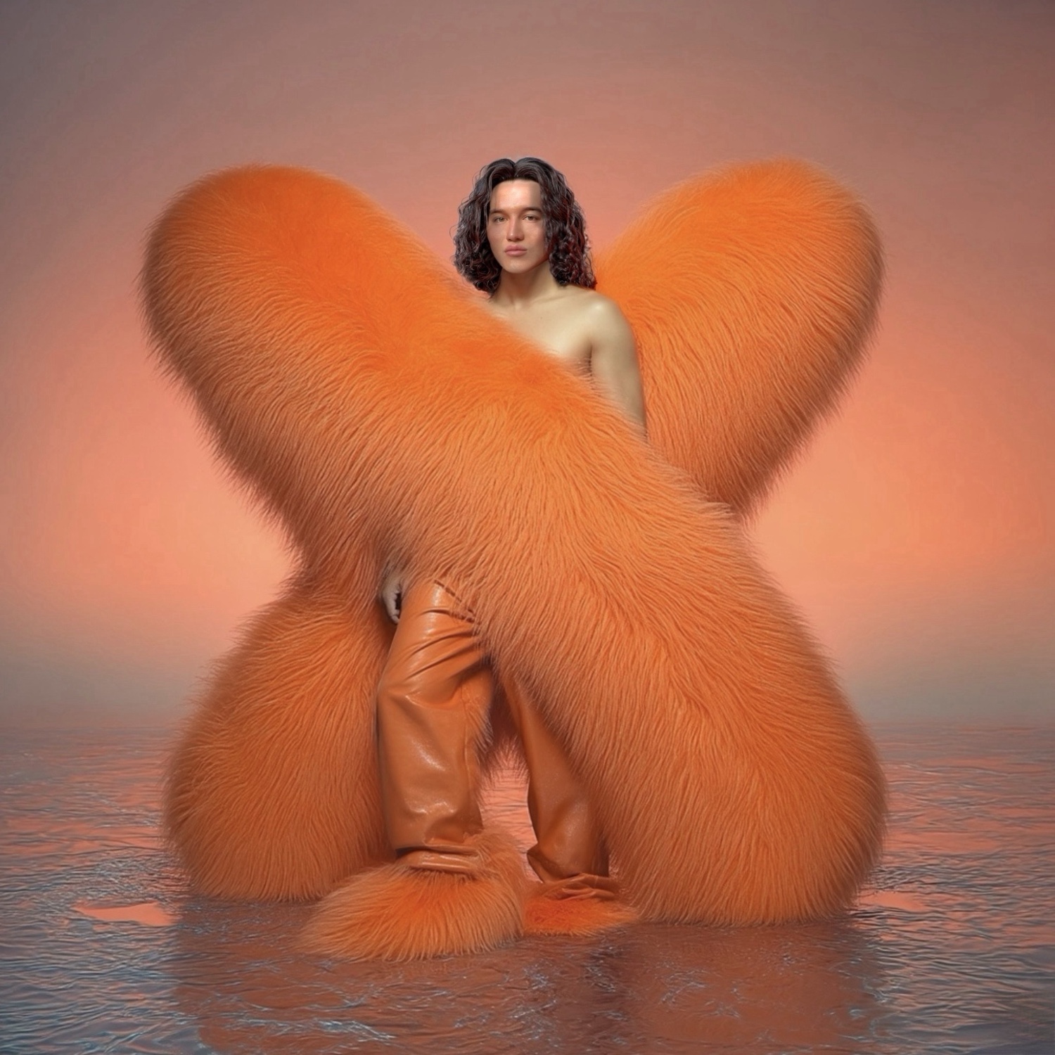 Album cover for XX by artxxnas: the artist stands inside a giant orange faux-fur letter X rising out of shallow water against a peach-coloured sky.