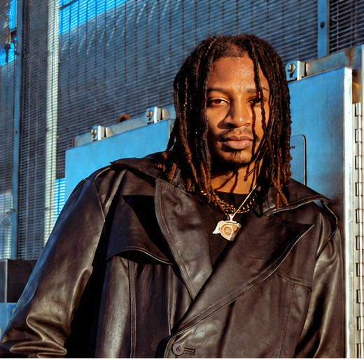 Brandon Bally in a black leather trench coat and gold chain, standing in front of blue industrial fencing