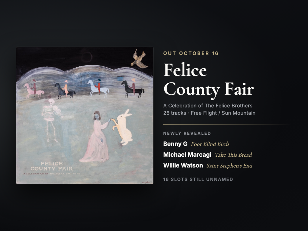 Felice County Fair album cover beside a list of the three newly released covers: Benny G, Michael Marcagi and Willie Watson.