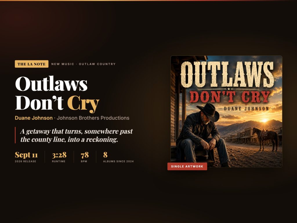 Cover artwork for Duane Johnson’s single “Outlaws Don’t Cry” beside its release details: out September 11, 2026, 3:28 runtime, 78 BPM.