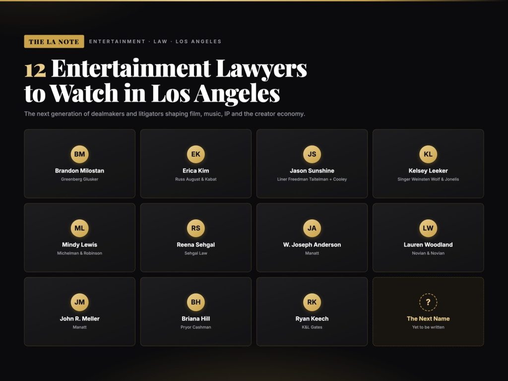 The LA Note editorial graphic listing 12 entertainment lawyers to watch in Los Angeles, shown as gold monogram tiles with each attorney name and law firm.