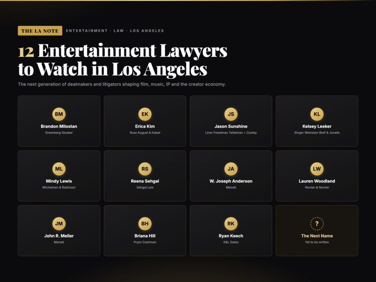The LA Note editorial graphic listing 12 entertainment lawyers to watch in Los Angeles, shown as gold monogram tiles with each attorney name and law firm.