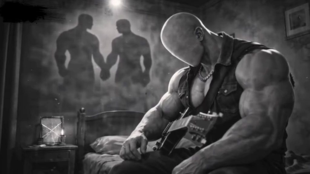 Black-and-white still from Toddy Tang’s “April Apocalypse,” showing a faceless muscular figure sitting on a bed with a guitar while two shadowed figures hold hands on the wall behind him.