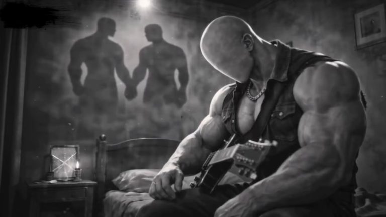 Black-and-white still from Toddy Tang’s “April Apocalypse,” showing a faceless muscular figure sitting on a bed with a guitar while two shadowed figures hold hands on the wall behind him.