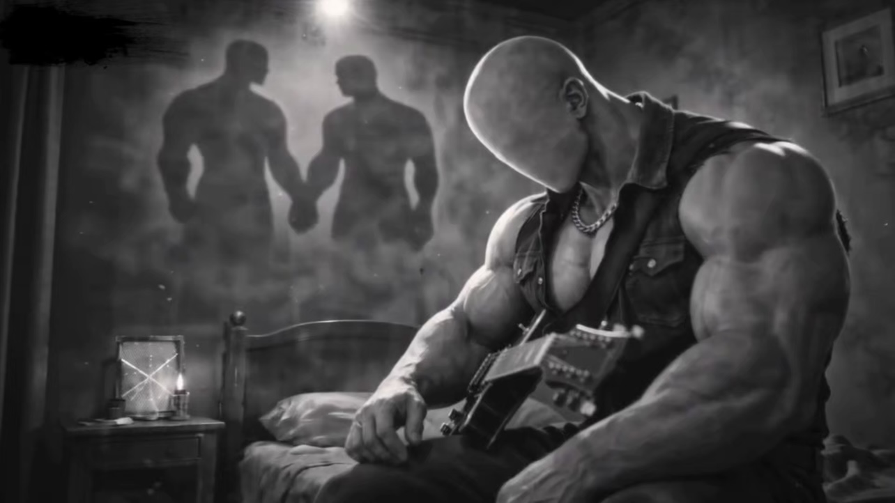 Black-and-white still from Toddy Tang’s “April Apocalypse,” showing a faceless muscular figure sitting on a bed with a guitar while two shadowed figures hold hands on the wall behind him.