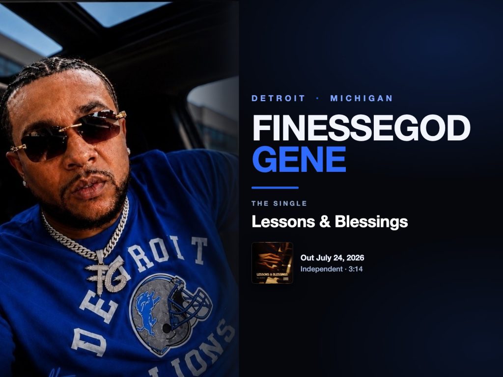 Detroit hip-hop artist FinesseGod Gene in sunglasses and a blue Detroit Lions shirt with a diamond FG pendant, beside the title of his single Lessons & Blessings.