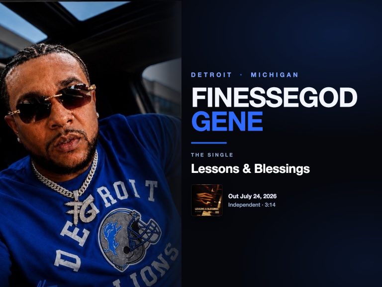 Detroit hip-hop artist FinesseGod Gene in sunglasses and a blue Detroit Lions shirt with a diamond FG pendant, beside the title of his single Lessons & Blessings.