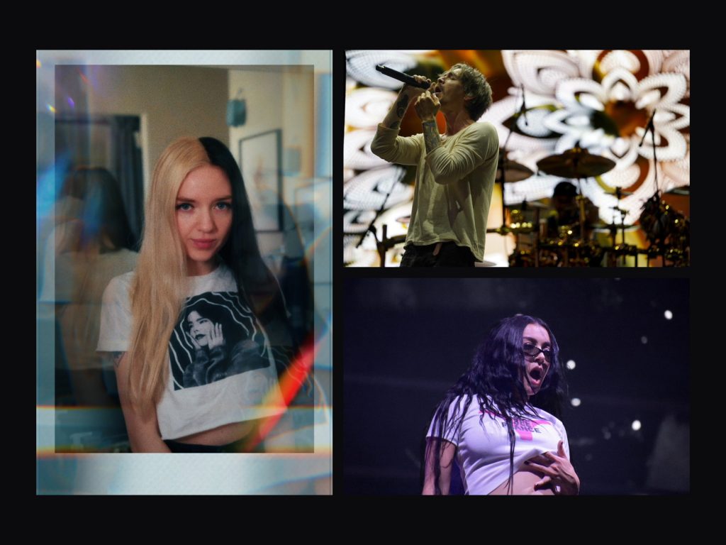Three-panel composite: a self-portrait of photographer Casea Warn, who has half-blonde and half-black hair and wears a white Björk T-shirt, beside her live photographs of the singer of Incubus and of Charli xcx performing onstage