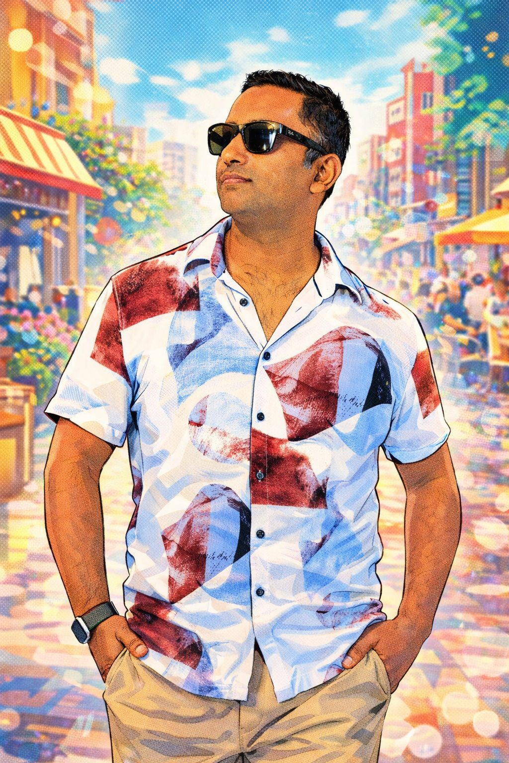 Roger K in sunglasses and a red, white and blue patterned short-sleeve shirt, standing in front of an illustrated sunlit street-market backdrop.