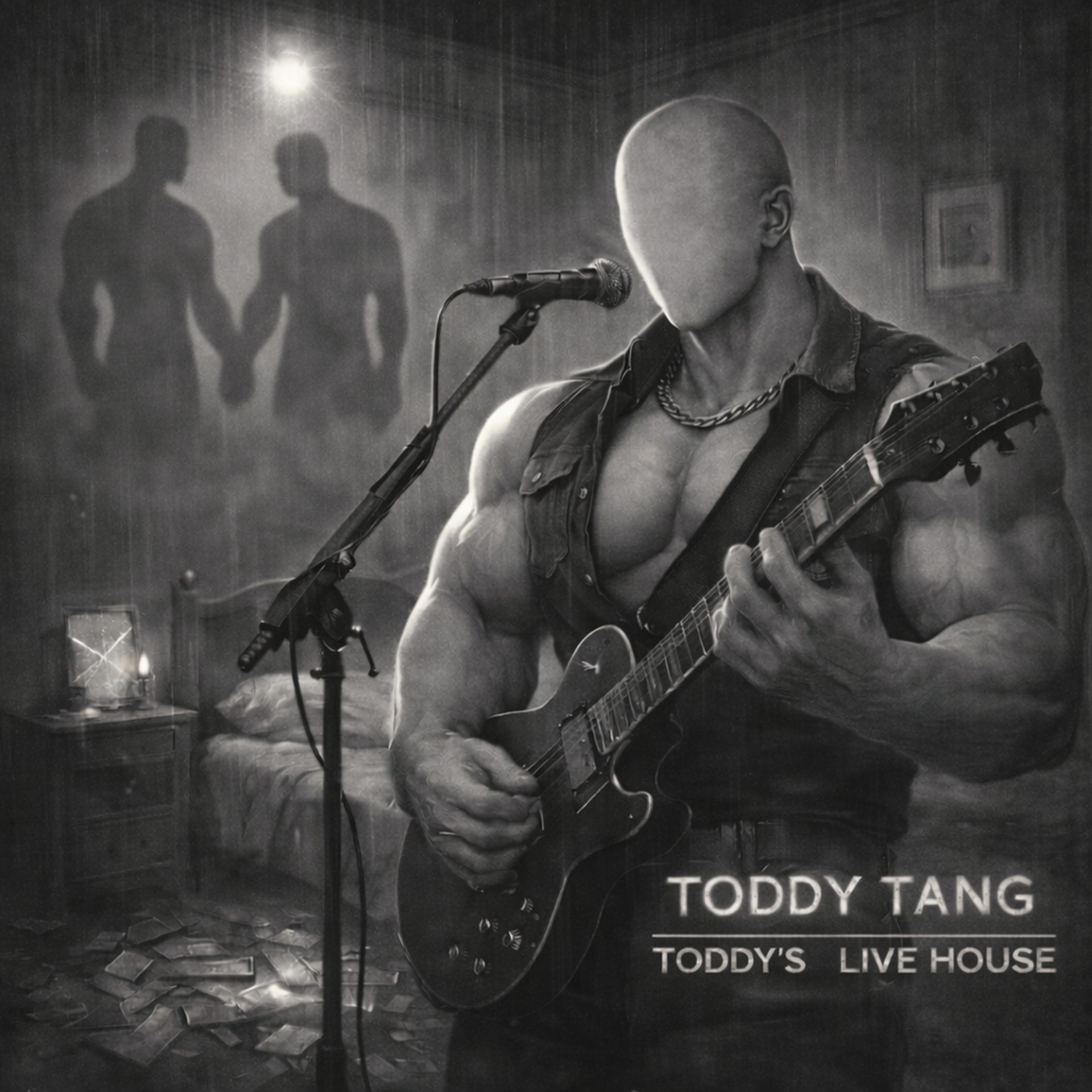 Cover art for Toddy Tang’s EP “Toddy’s Live House (Live),” showing a faceless figure playing electric guitar at a microphone in a rain-lit bedroom.
