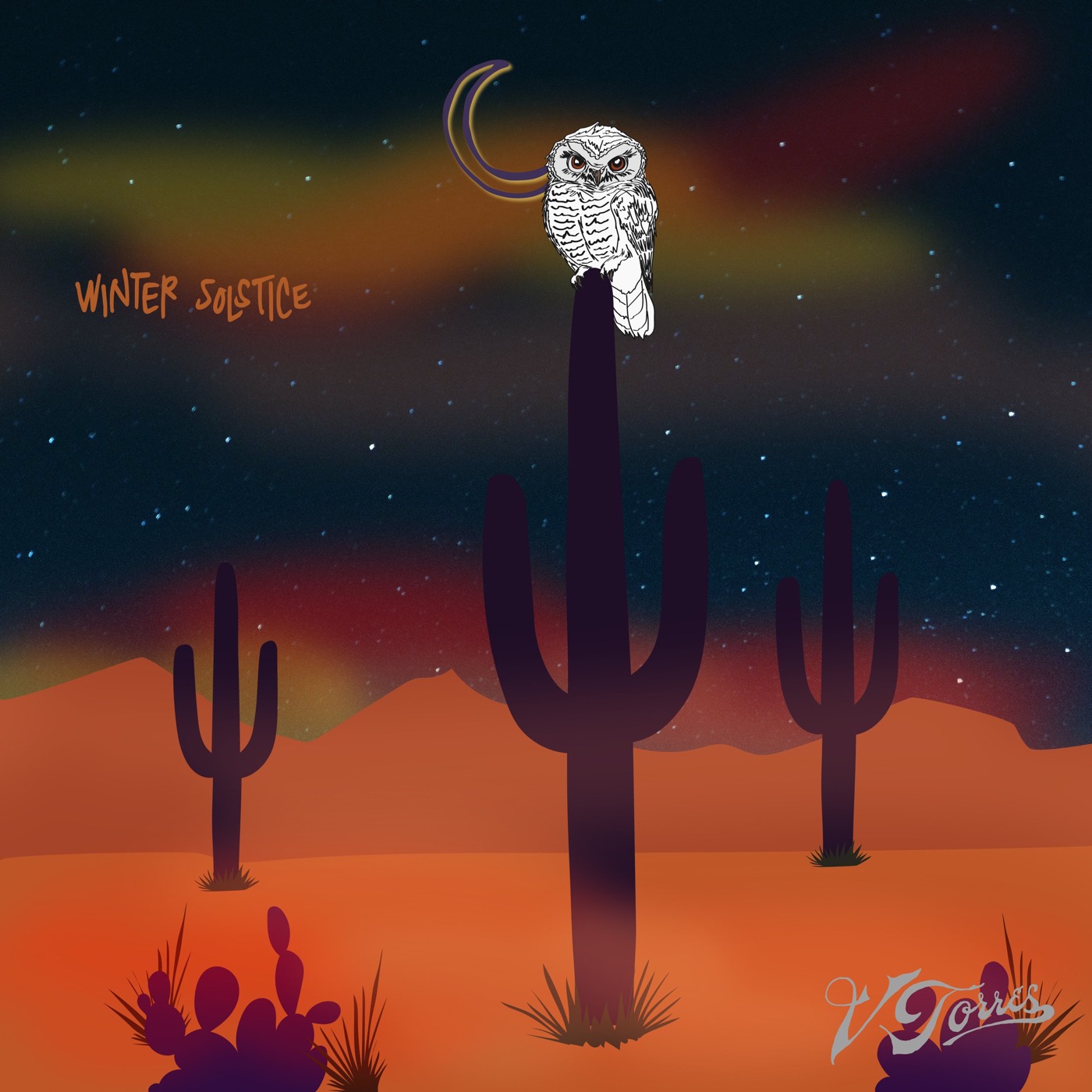 Single artwork for “Winter Solstice”: a hand-drawn night desert with saguaro cacti in silhouette, a white owl perched on a cactus arm, a crescent moon, and a band of aurora-colored light along the horizon.
