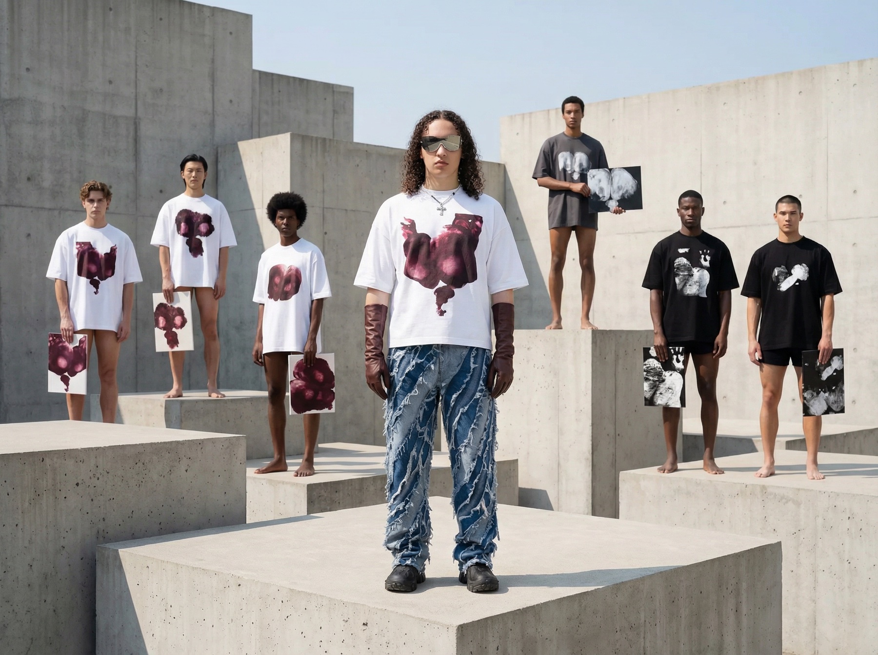 XXDESIGN campaign image: models standing on concrete blocks in oversized white, grey and black T-shirts printed with burgundy and monochrome ARTXXSEX body prints, each holding the original painting the shirt was made from.