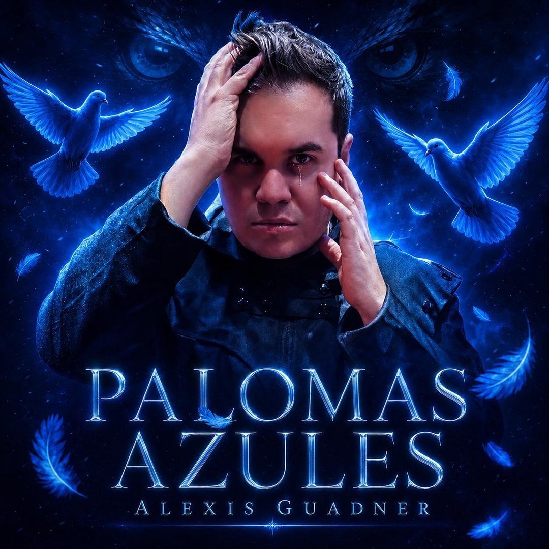 Palomas Azules single cover: Alexis Guadner with hands on his head beneath two blue doves and a hawk's eyes