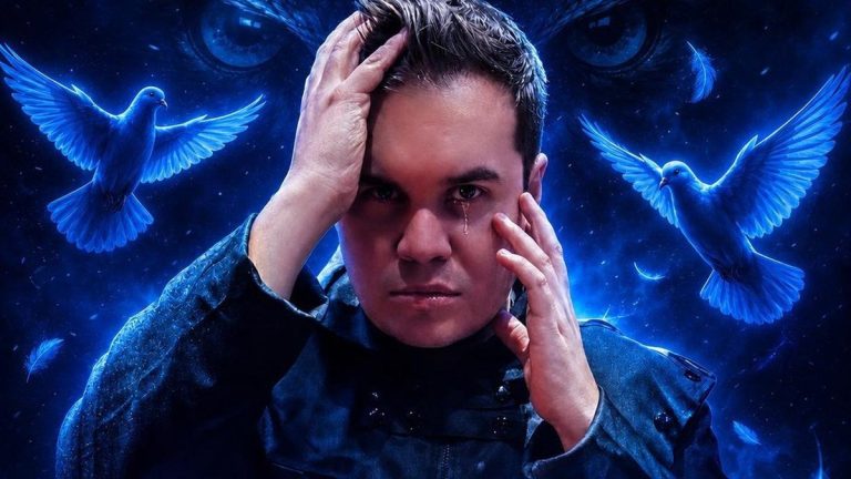 Alexis Guadner on the cover art for "Palomas Azules," a tear on his cheek, flanked by two glowing blue doves