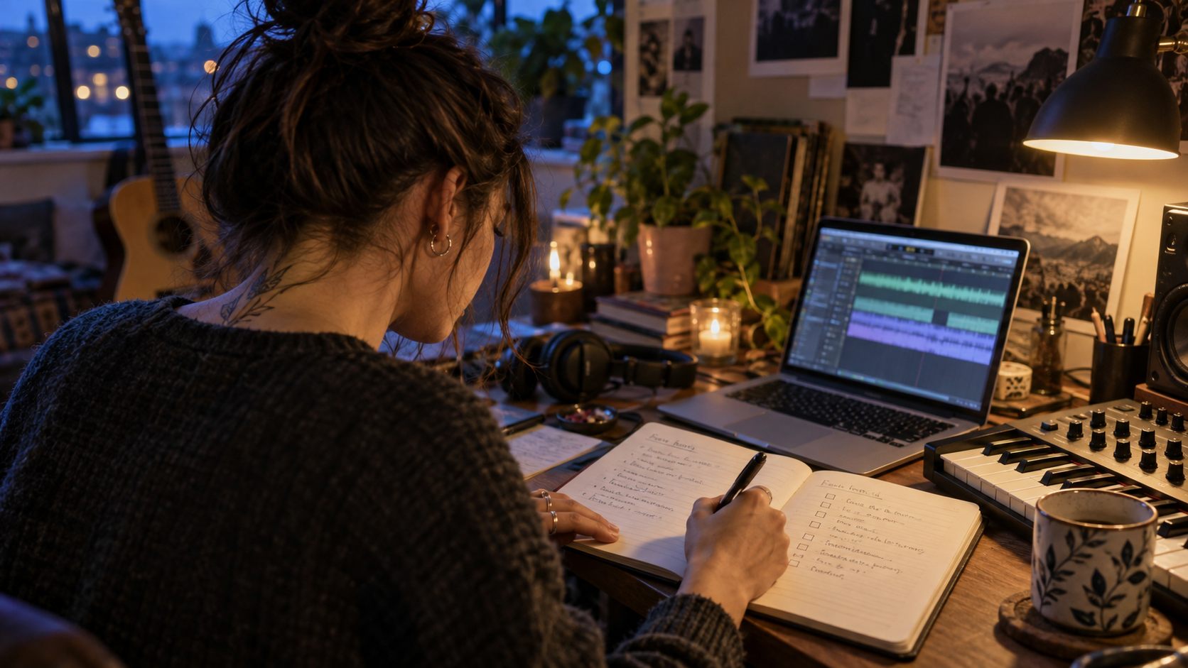 Independent musician planning a release at a home-studio desk with a notebook, laptop, headphones, and keyboard.