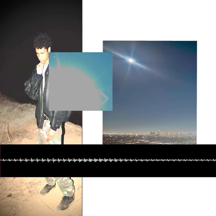 Collage from kateo's Instagram: the artist at night in a bomber jacket, a jet contrail over Los Angeles, and an audio waveform
