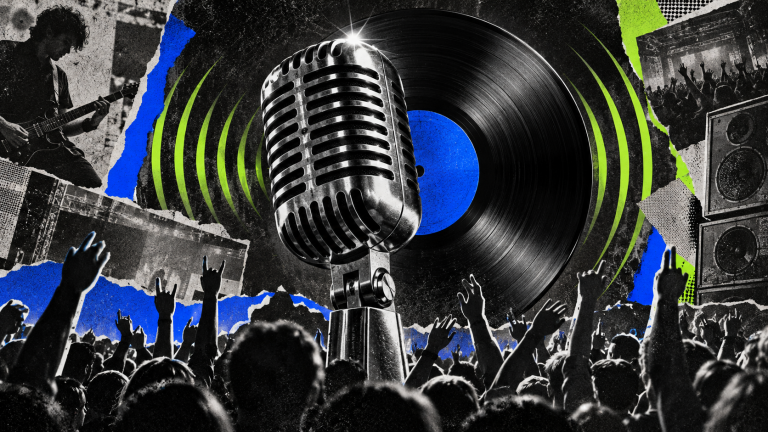 Chrome microphone and vinyl record surrounded by concert crowds in a blue-and-lime music collage.