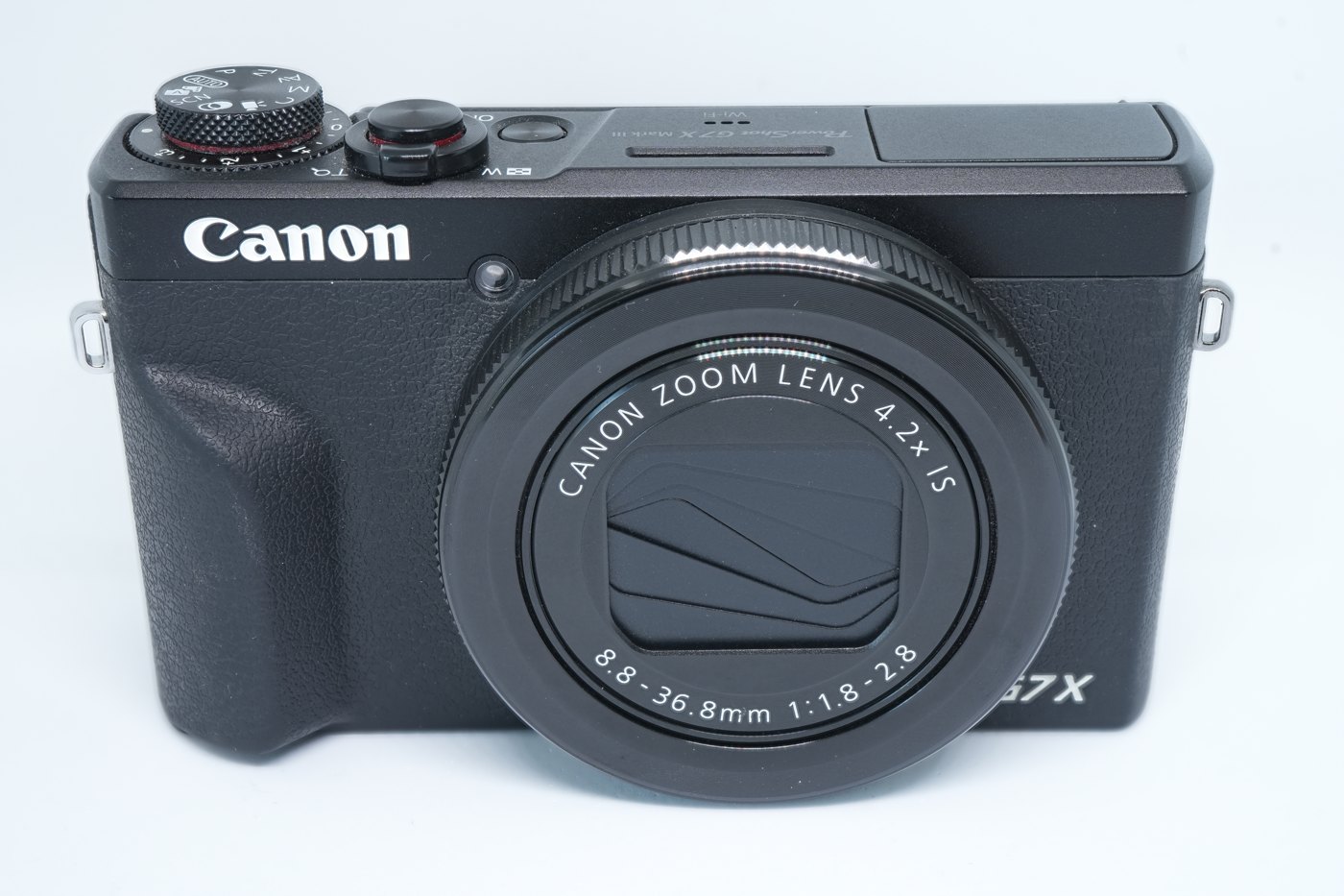 Front view of a black Canon PowerShot G7 X Mark III compact camera