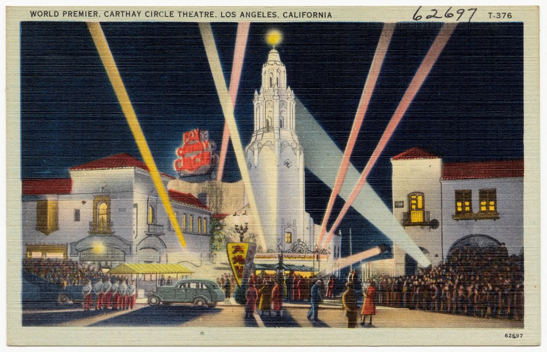Vintage postcard of a world premiere at the Carthay Circle Theatre in Los Angeles