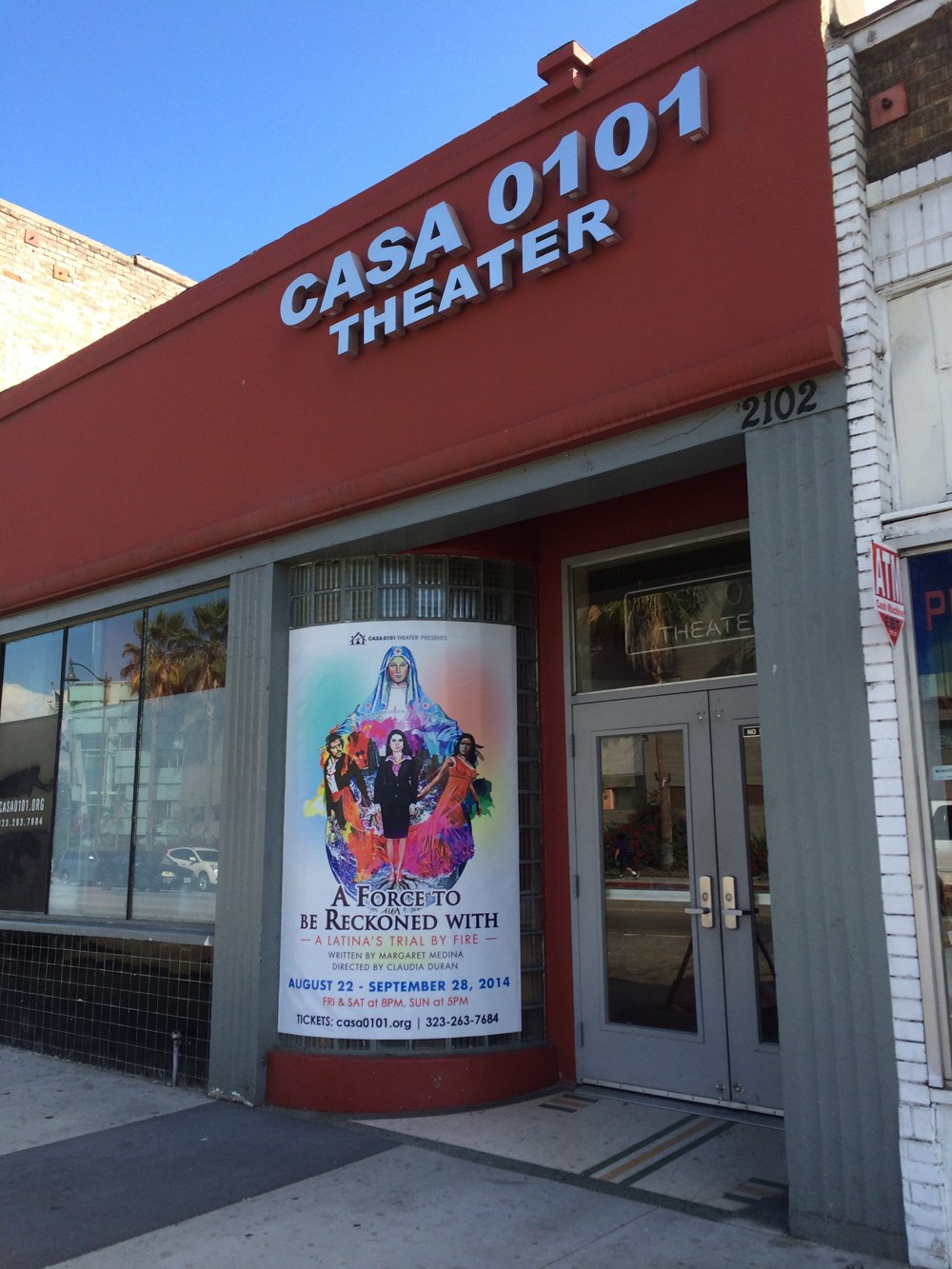 The red storefront of Casa 0101 Theater at 2102 1st Street in Boyle Heights, Los Angeles