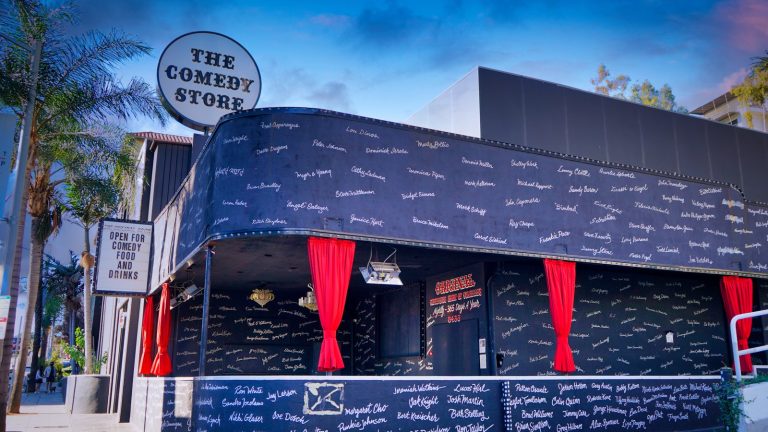 The Comedy Store on the Sunset Strip in West Hollywood, with comedians' names painted on its black exterior