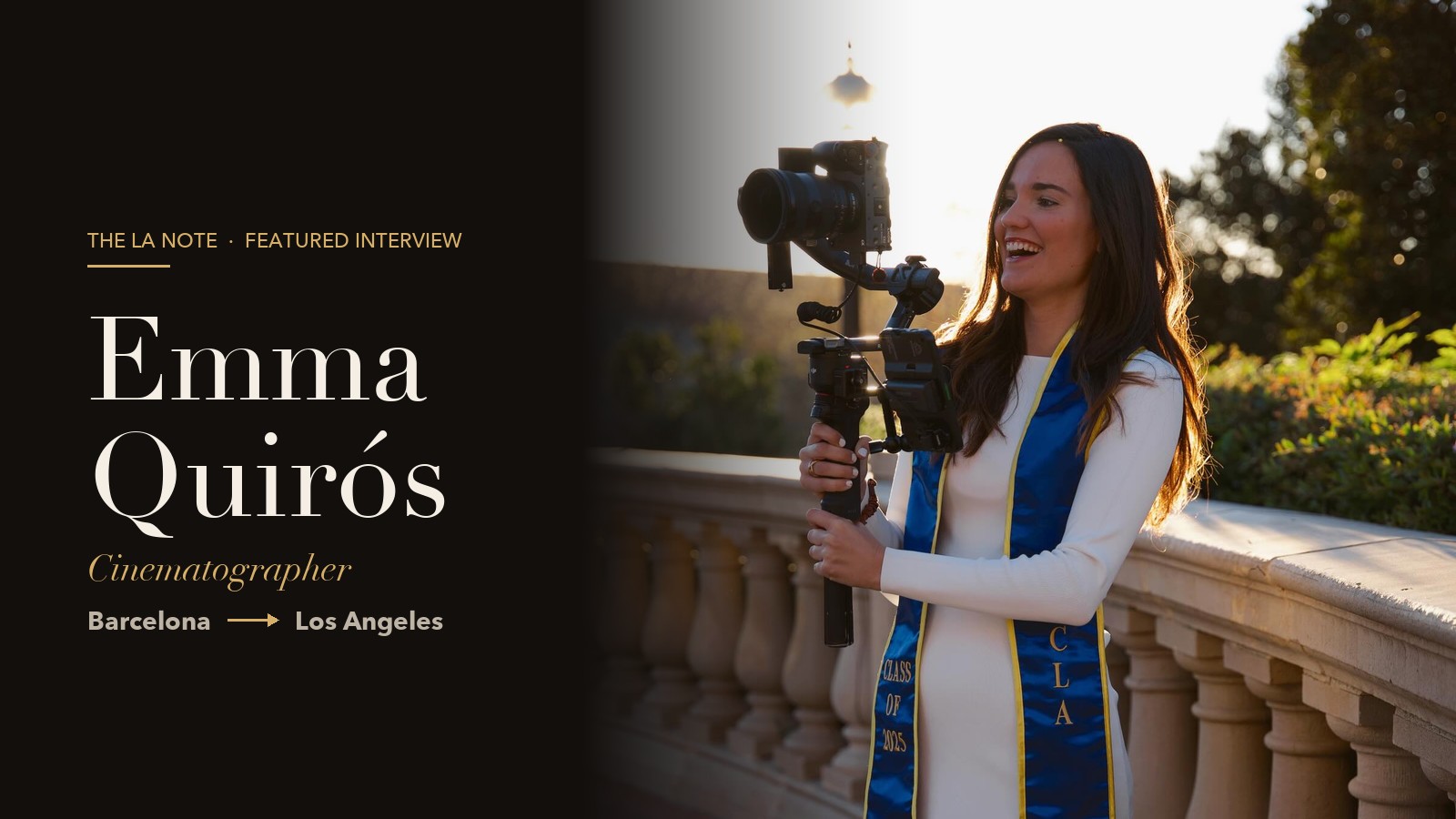 Emma Quirós, Barcelona-born cinematographer in Los Angeles, holding a camera on a gimbal