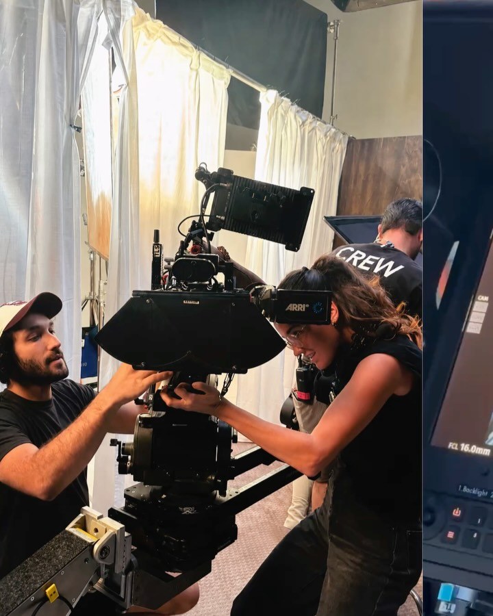 Emma Quirós working an ARRI cinema camera with the camera crew on a Los Angeles set