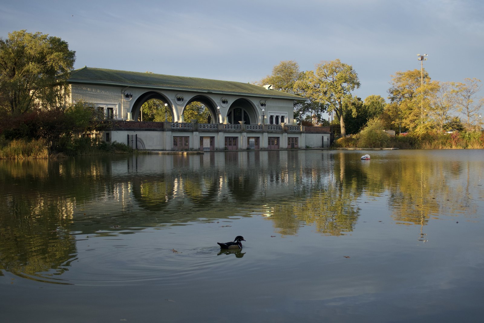 The historic boathouse and lagoon in Humboldt Park on Chicago's West Side