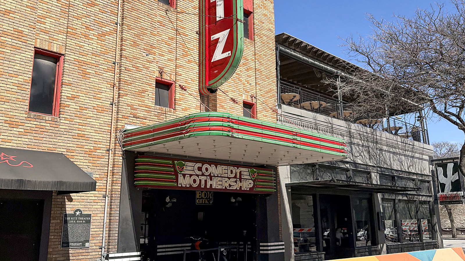 The Comedy Mothership marquee in the old Ritz Theatre on Sixth Street in Austin, Texas