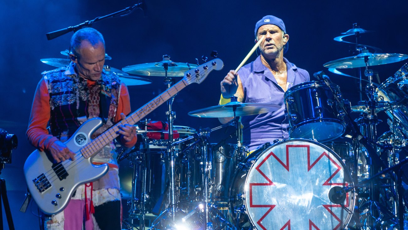 Flea and Chad Smith performing at the Ohana Festival in California in 2019