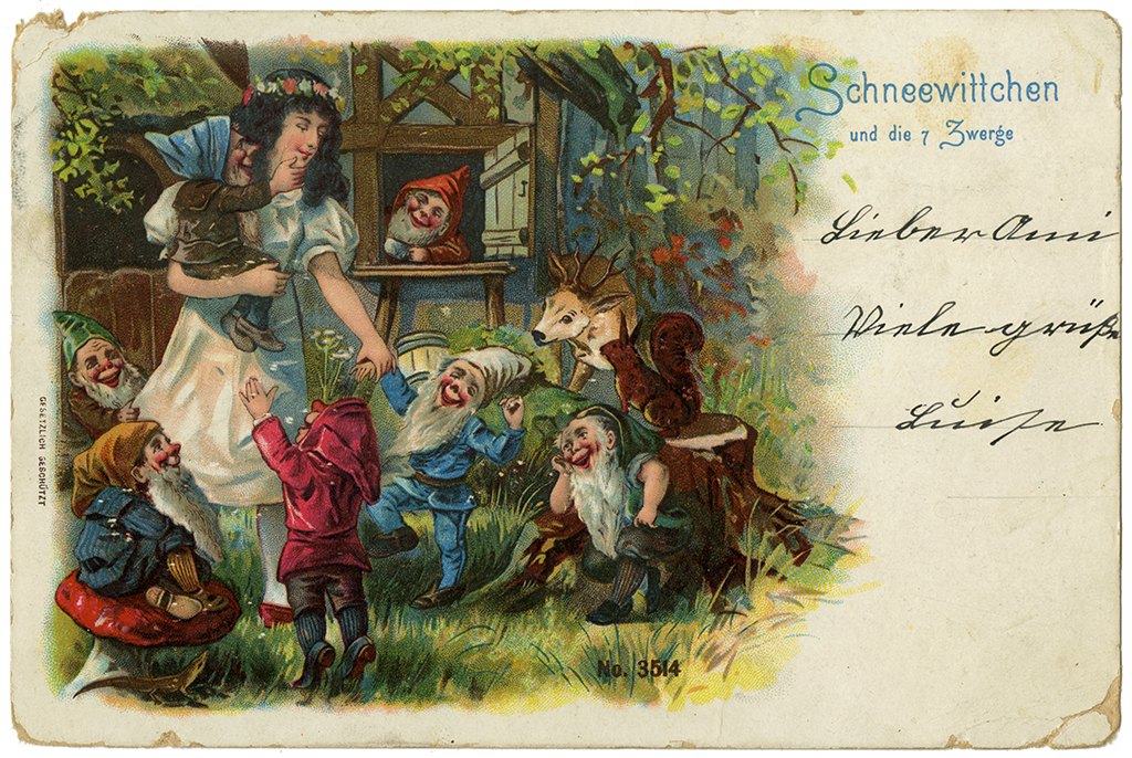 German postcard from around 1900 of Snow White and the seven dwarfs