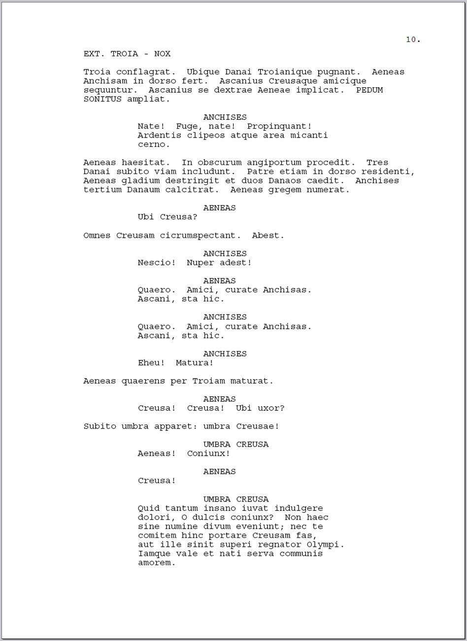 Example screenplay page showing scene headings, action lines, character names and dialogue in Courier