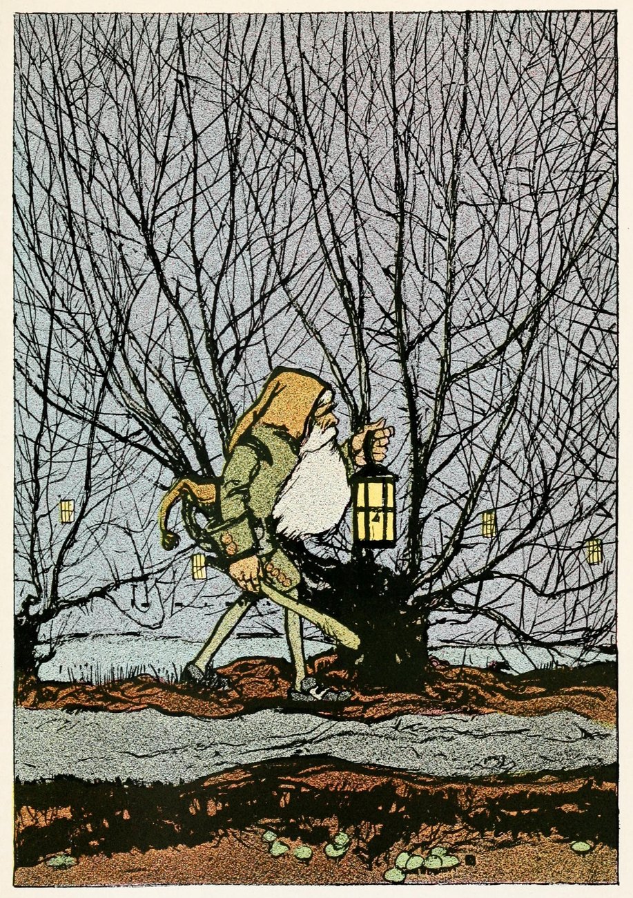 Illustration of a dwarf with a lantern from the 1912 Snow White play