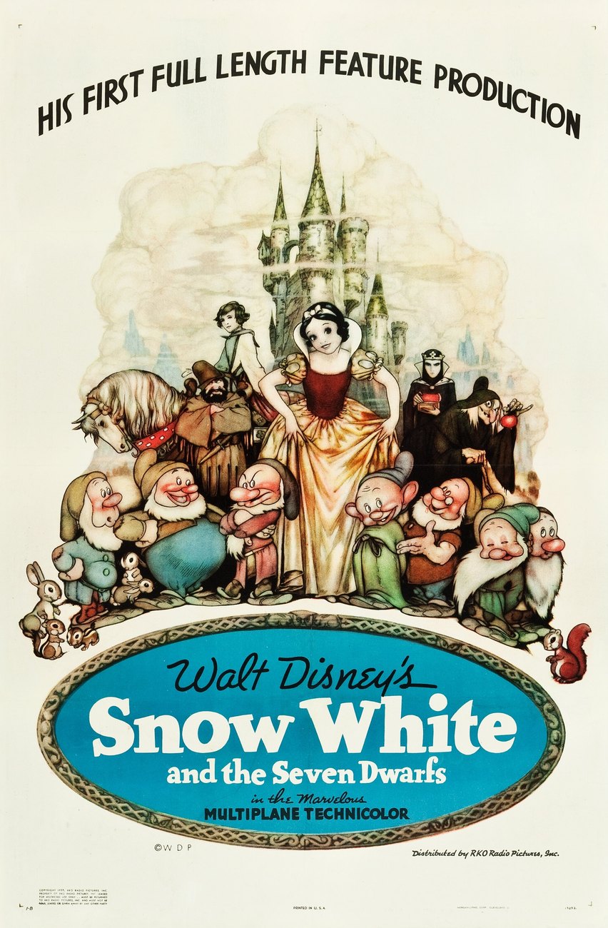 1937 theatrical poster for Snow White and the Seven Dwarfs showing all seven dwarfs