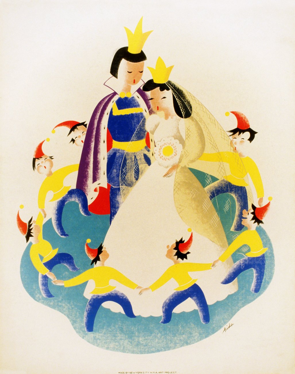 WPA poster from about 1939 showing Snow White and the prince surrounded by the seven dwarfs