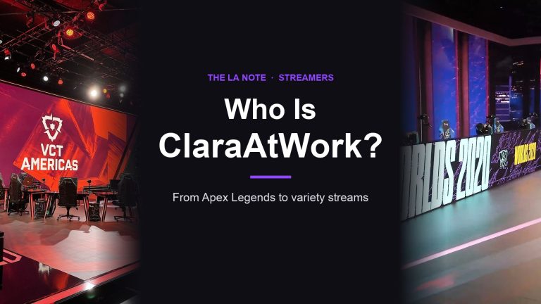 Title card reading Who Is ClaraAtWork? with esports arena photos on each side
