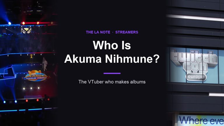 Title card reading Who Is Akuma Nihmune? with esports stage and TwitchCon photos on each side